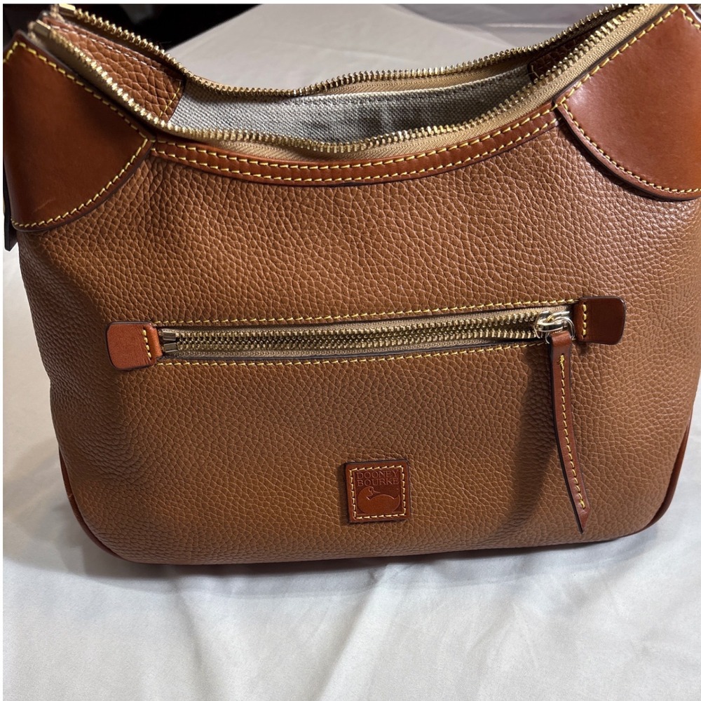 Dooney & Bourke Pebbled Leather Hobo Shoulder Bag Caramel Brown Duck Logo Pocket